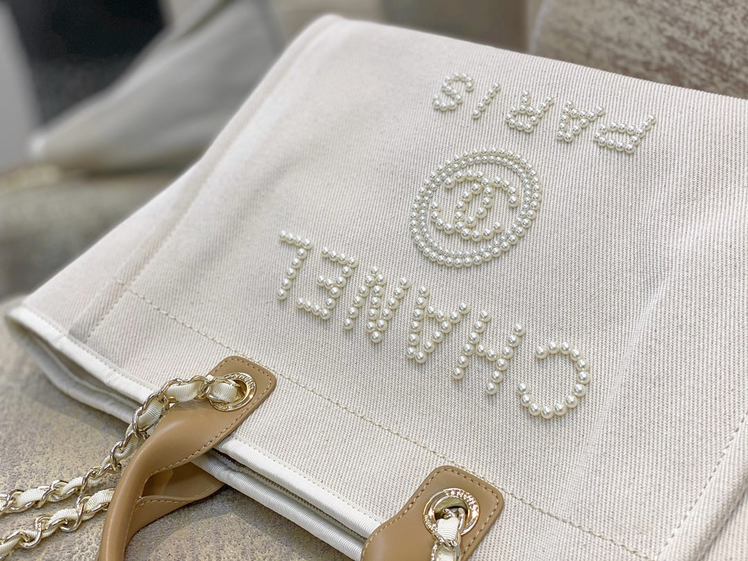 SAC CABAS CC DEAUVILLE EN TOILE BLANCHE LOGO MOP