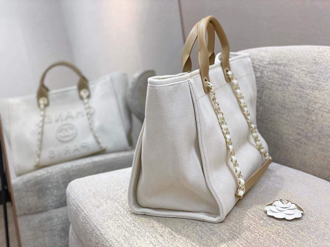 SAC CABAS CC DEAUVILLE EN TOILE BLANCHE LOGO MOP