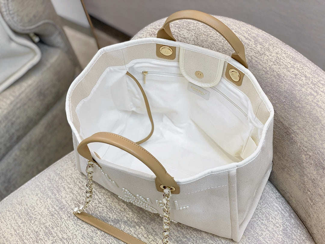 SAC CABAS CC DEAUVILLE EN TOILE BLANCHE LOGO MOP