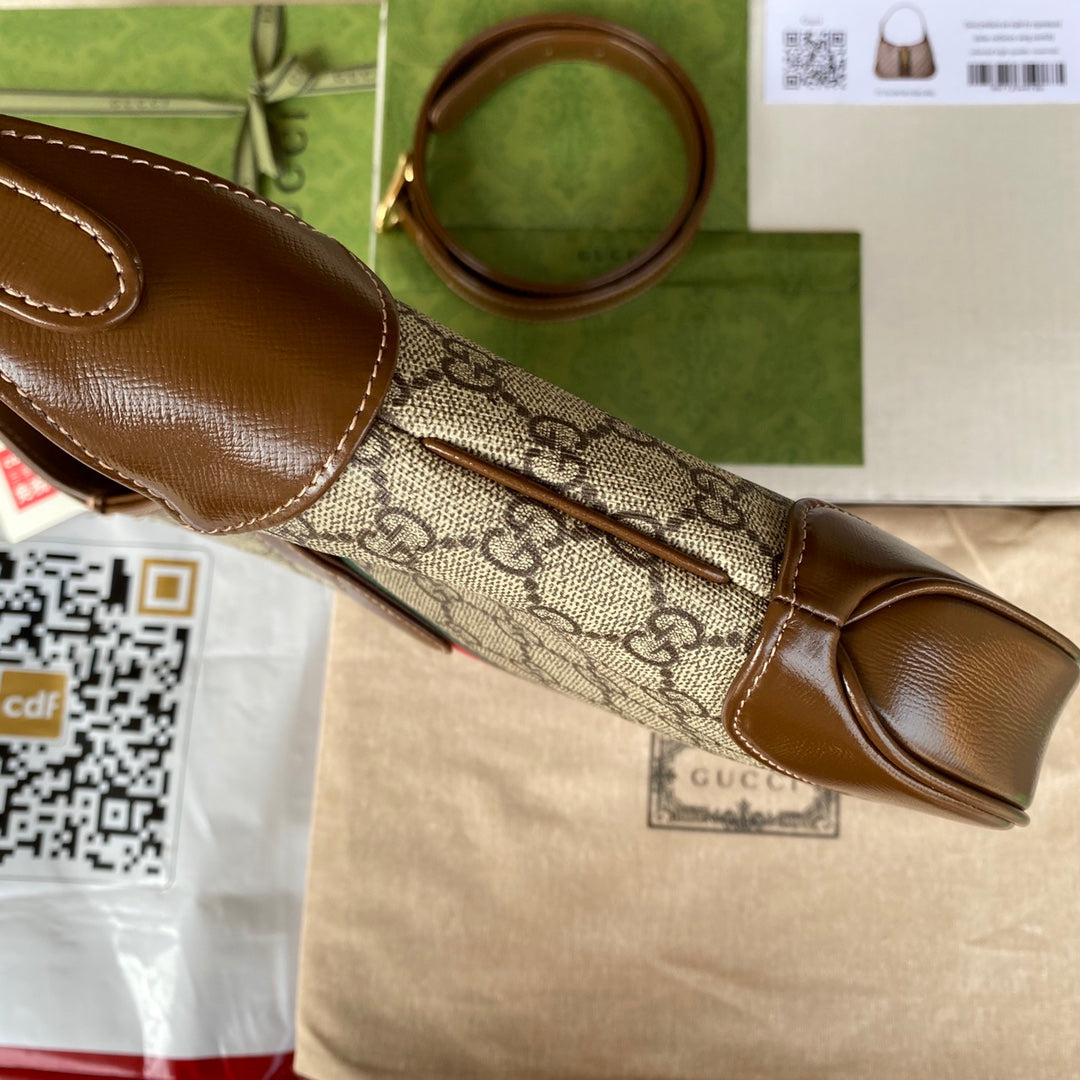 GG JACKIE PETIT 28 CM TOILE MONOGRAMME BEIGE CUIR DE VEAU MARRON