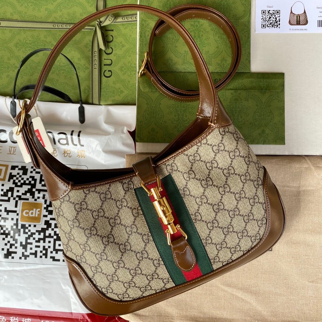 GG JACKIE PETIT 28 CM TOILE MONOGRAMME BEIGE CUIR DE VEAU MARRON