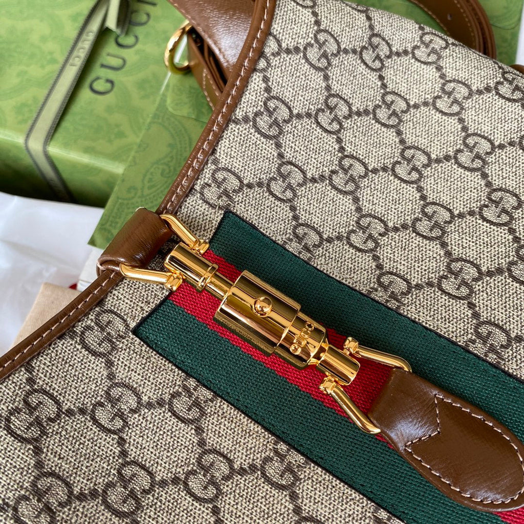 GG JACKIE PETIT 28 CM TOILE MONOGRAMME BEIGE CUIR DE VEAU MARRON
