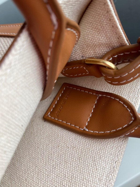 MINI CABAS VERTICAL 17CM TOILE BLANCHE CUIR DE VEAU TAN