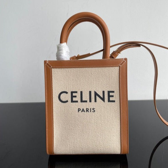 MINI CABAS VERTICAL 17CM TOILE BLANCHE CUIR DE VEAU TAN