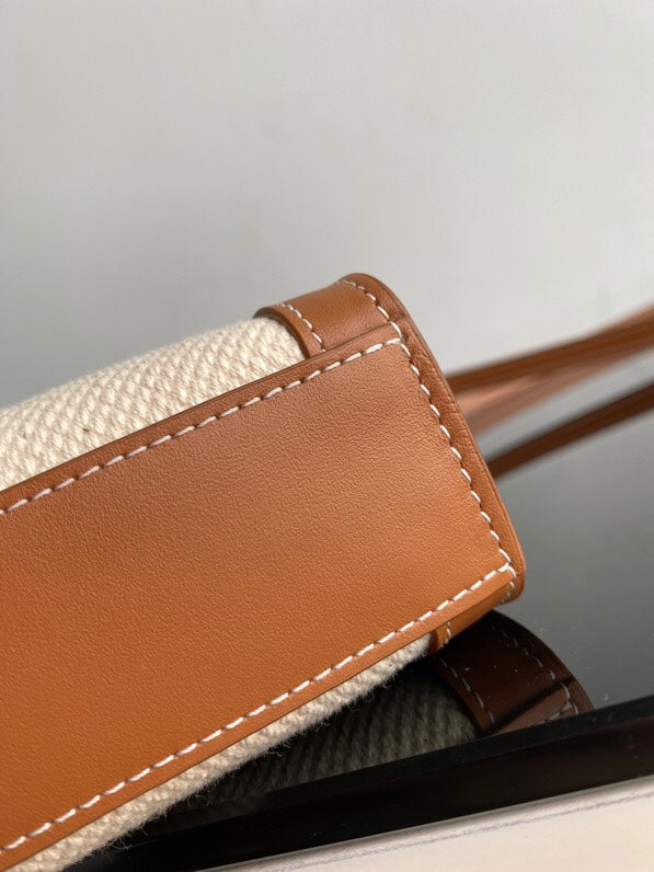 MINI CABAS VERTICAL 17CM TOILE BLANCHE CUIR DE VEAU TAN
