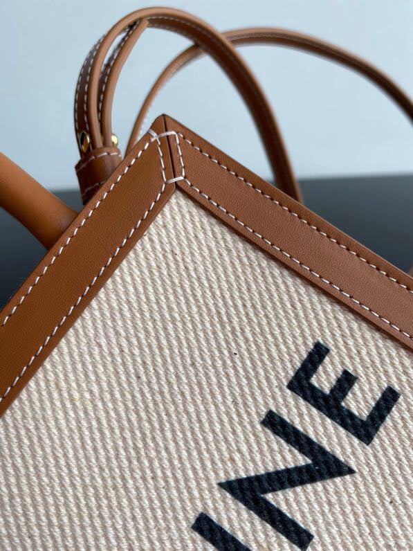 MINI CABAS VERTICAL 17CM TOILE BLANCHE CUIR DE VEAU TAN