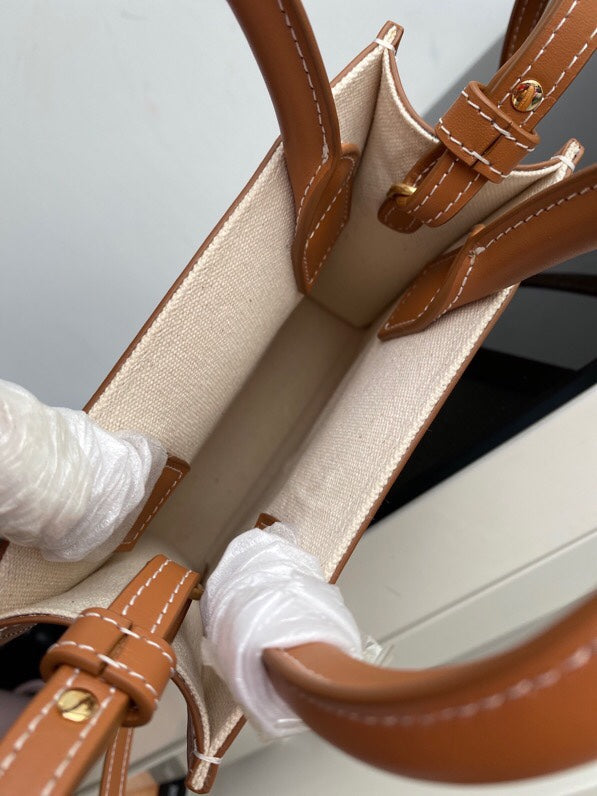 MINI CABAS VERTICAL 17CM TOILE BLANCHE CUIR DE VEAU TAN