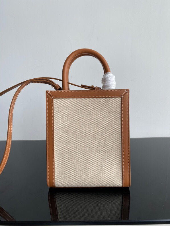 MINI CABAS VERTICAL 17CM TOILE BLANCHE CUIR DE VEAU TAN