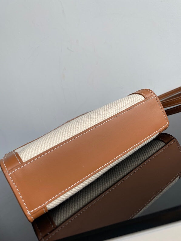 MINI CABAS VERTICAL 17CM TOILE BLANCHE CUIR DE VEAU TAN