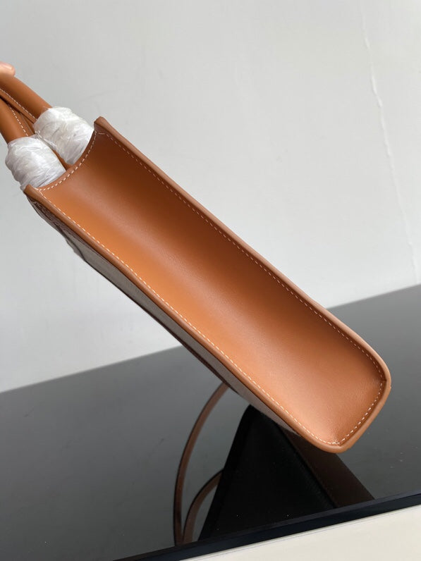 MINI CABAS VERTICAL 17CM TOILE BLANCHE CUIR DE VEAU TAN