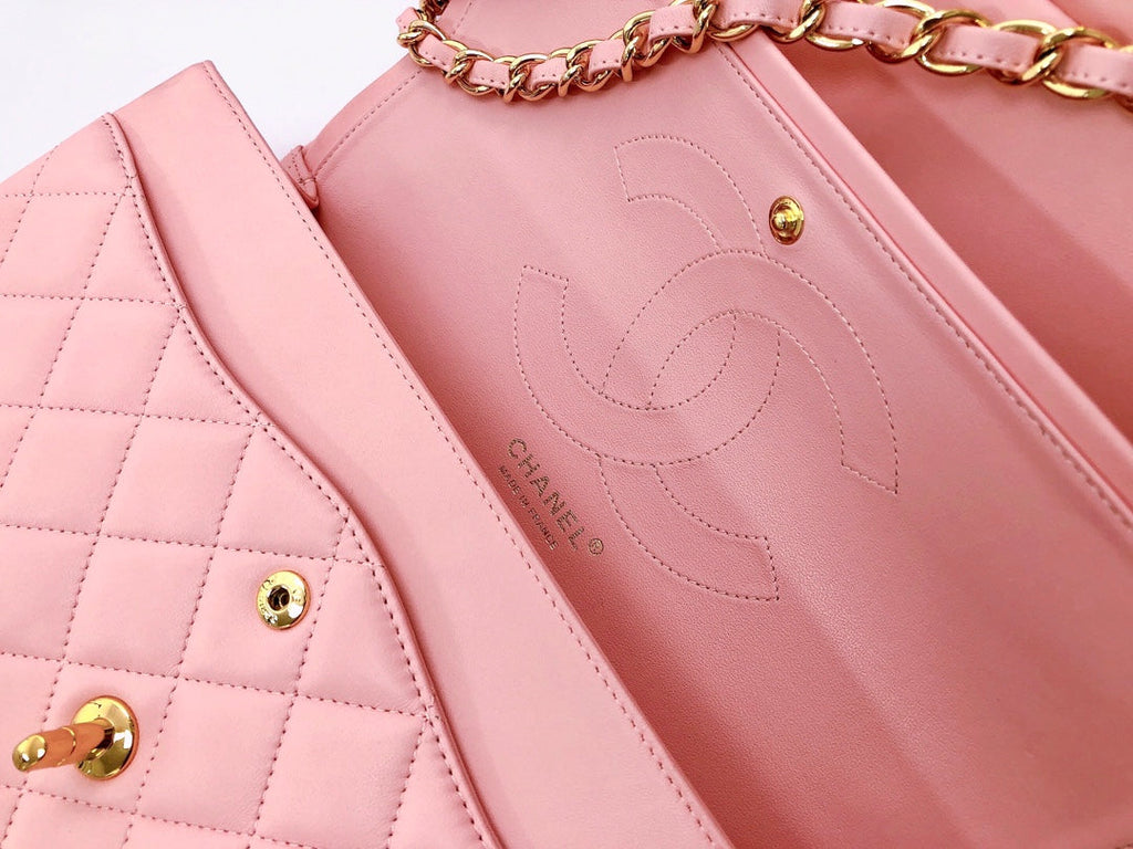 SAC À RABAT JUMBO 30 EN CUIR D'AGNEAU ROSE PASTEL QUINCAILLERIE DORÉ