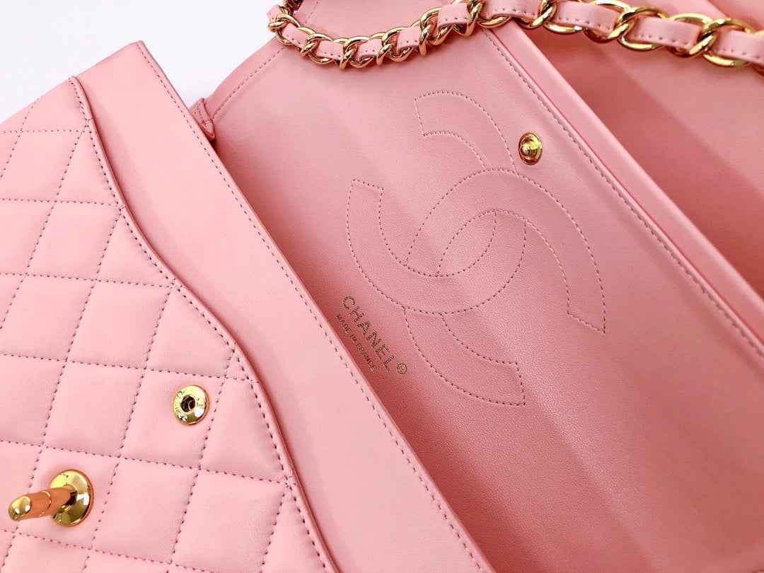 SAC À RABAT JUMBO 30 EN CUIR D'AGNEAU ROSE PASTEL QUINCAILLERIE DORÉ