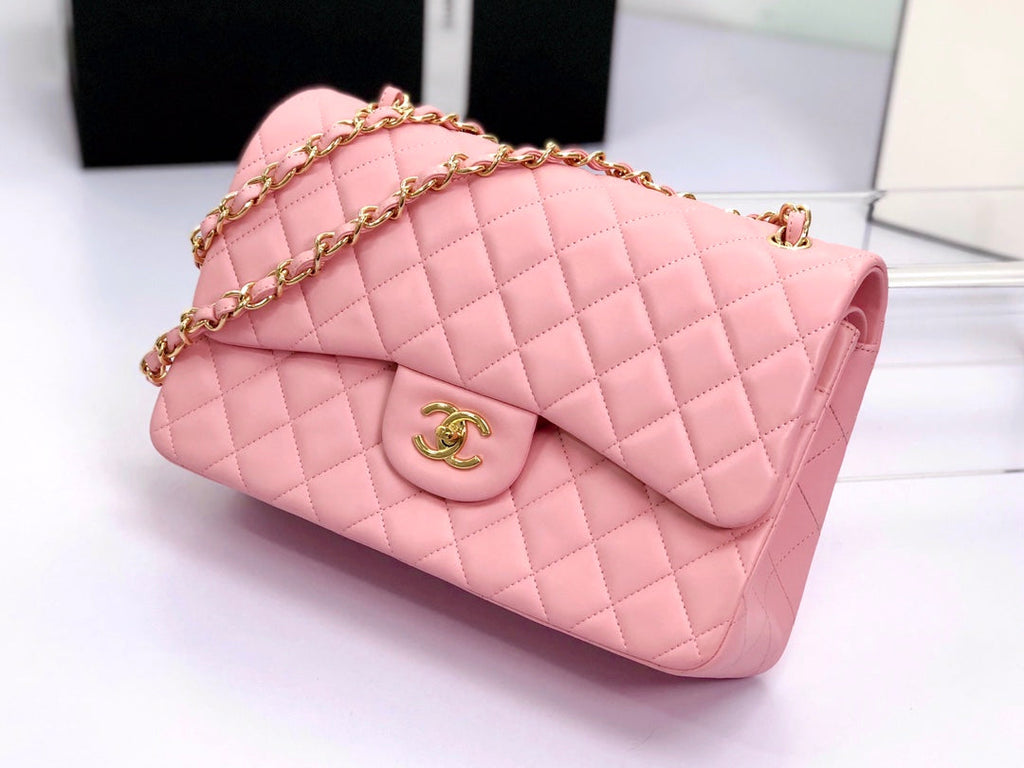SAC À RABAT JUMBO 30 EN CUIR D'AGNEAU ROSE PASTEL QUINCAILLERIE DORÉ