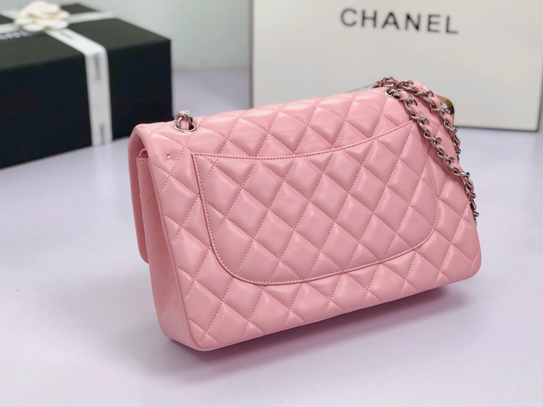FLAP BAG JUMBO 30 PASTEL PINK LAMBSKIN SILVER HARDWARE