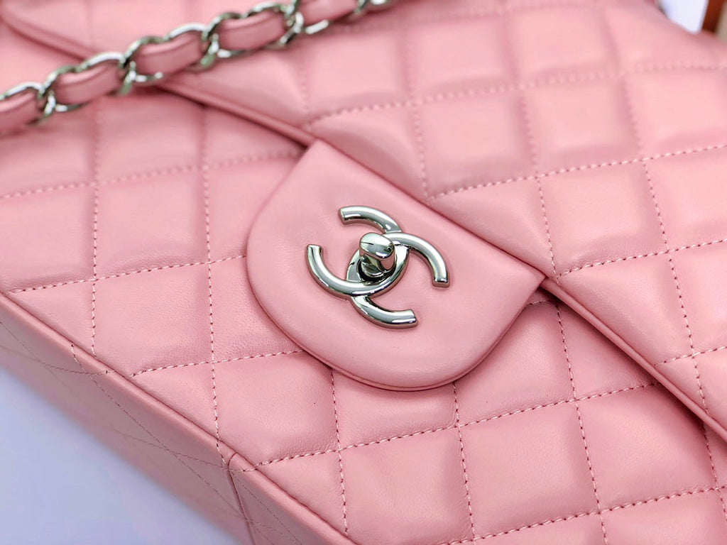 SAC À RABAT JUMBO 30 EN CUIR D'AGNEAU ROSE PASTEL QUINCAILLERIE ARGENTÉE