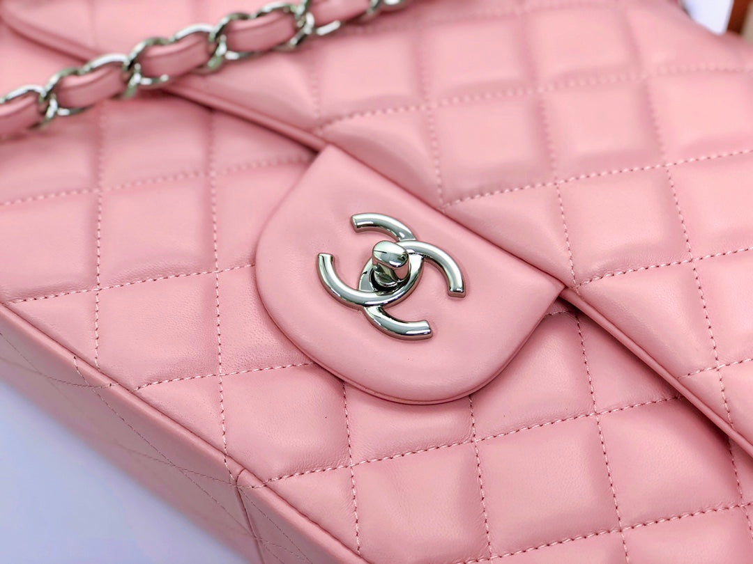 FLAP BAG JUMBO 30 PASTEL PINK LAMBSKIN SILVER HARDWARE
