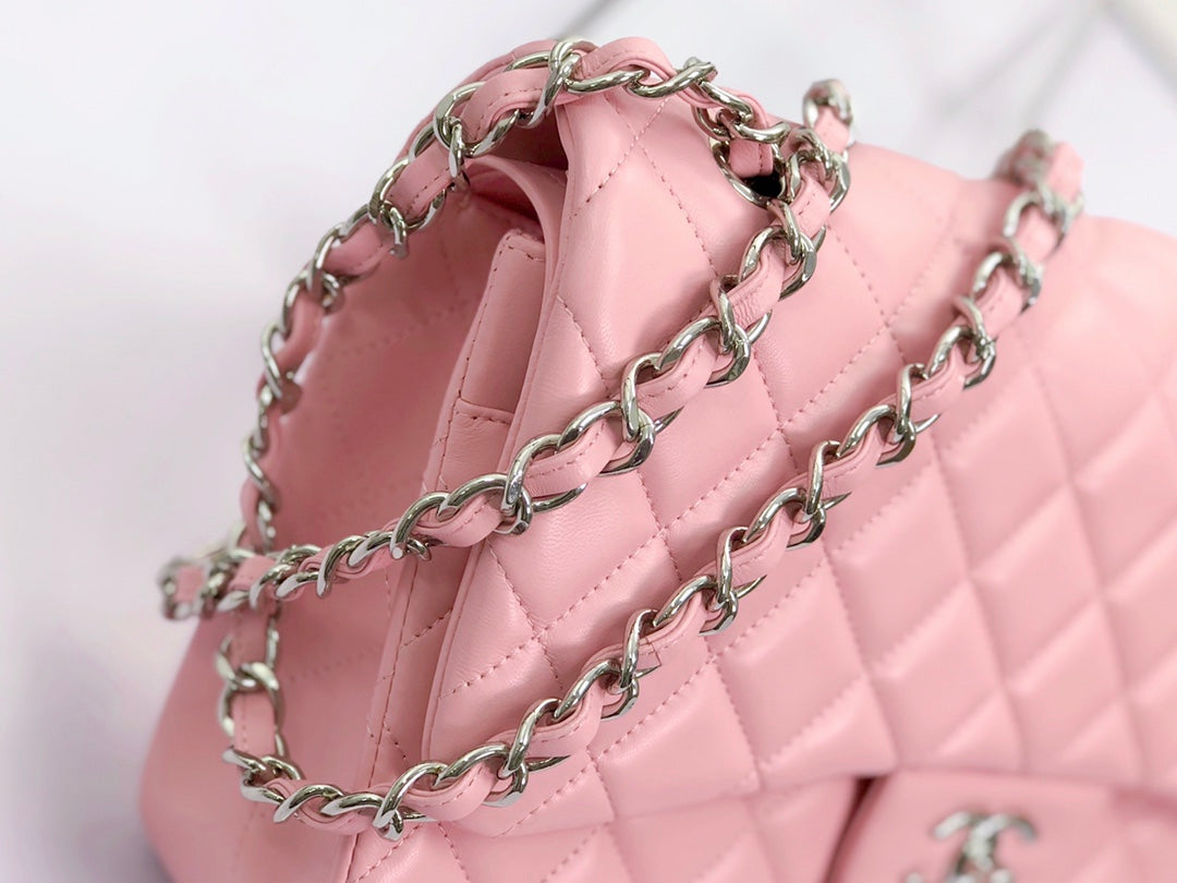 FLAP BAG JUMBO 30 PASTEL PINK LAMBSKIN SILVER HARDWARE