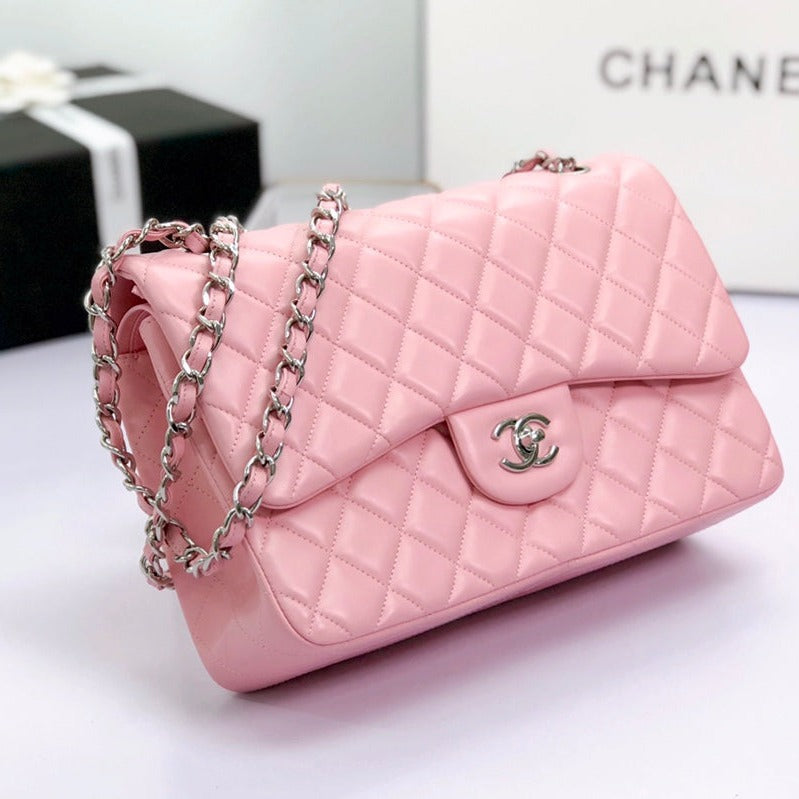 FLAP BAG JUMBO 30 PASTEL PINK LAMBSKIN SILVER HARDWARE
