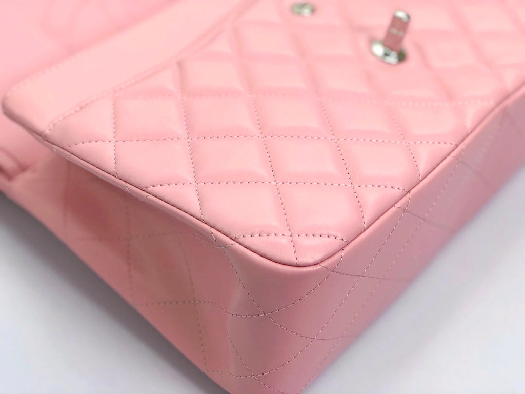 SAC À RABAT JUMBO 30 EN CUIR D'AGNEAU ROSE PASTEL QUINCAILLERIE ARGENTÉE