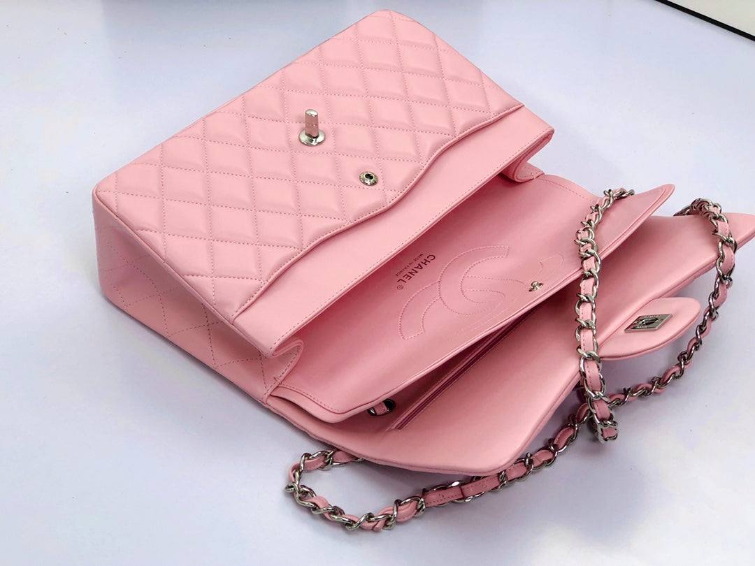 SAC À RABAT JUMBO 30 EN CUIR D'AGNEAU ROSE PASTEL QUINCAILLERIE ARGENTÉE