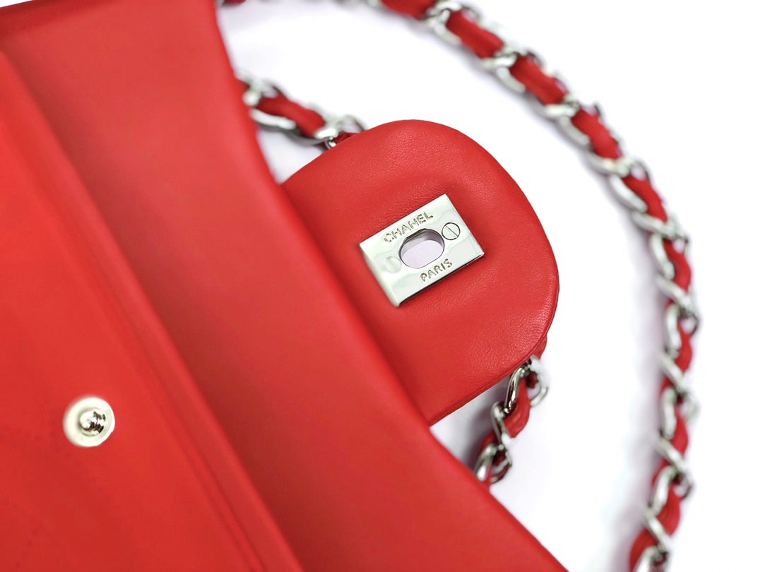 FLAP BAG JUMBO 30 RED LAMBSKIN SILVER HARDWARE