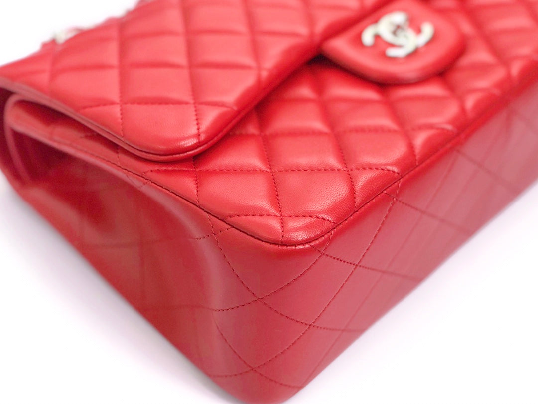 FLAP BAG JUMBO 30 RED LAMBSKIN SILVER HARDWARE