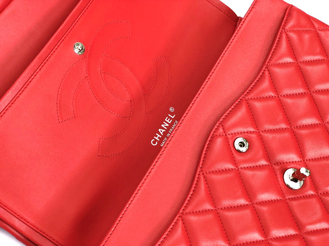 FLAP BAG JUMBO 30 RED LAMBSKIN SILVER HARDWARE