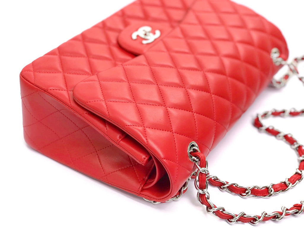FLAP BAG JUMBO 30 RED LAMBSKIN SILVER HARDWARE