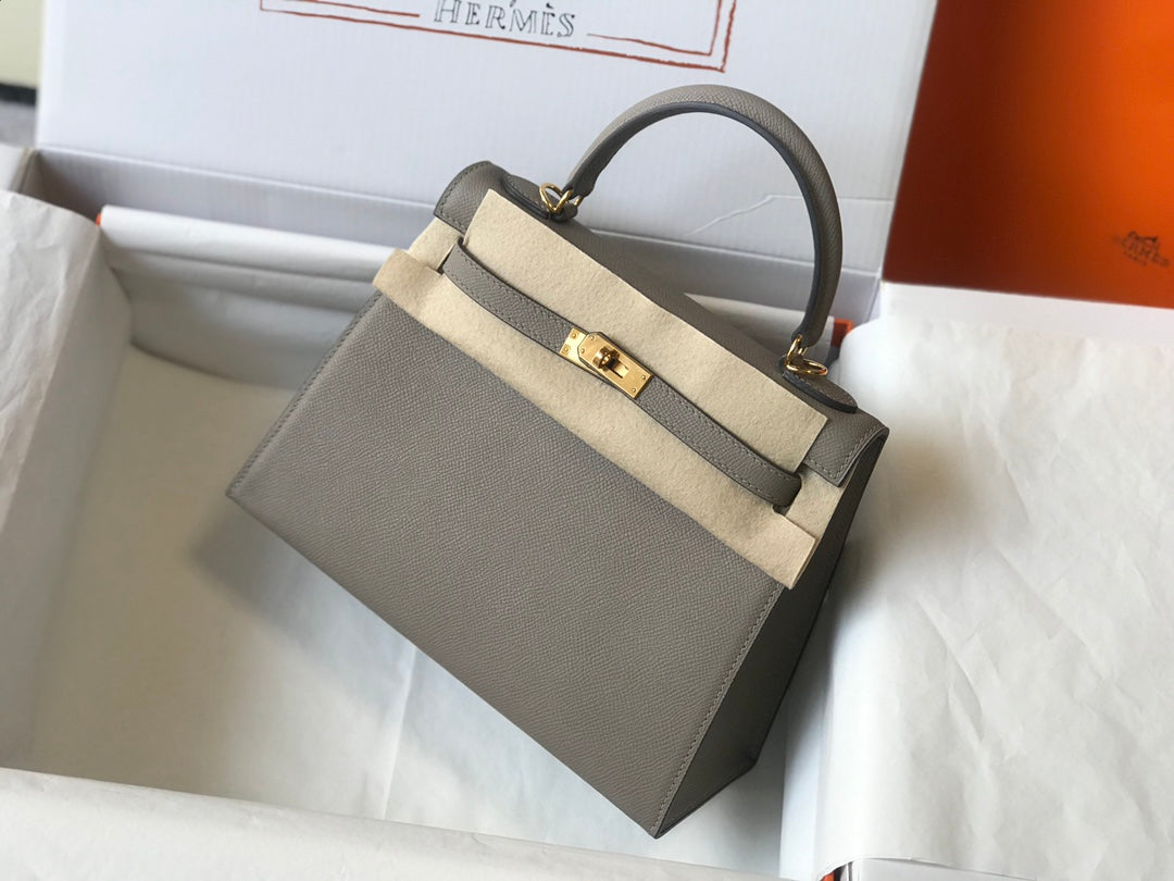 HM KELLY 32CM CUIR EPSOM GRIS FONCÉ QUINCAILLERIE DORÉ