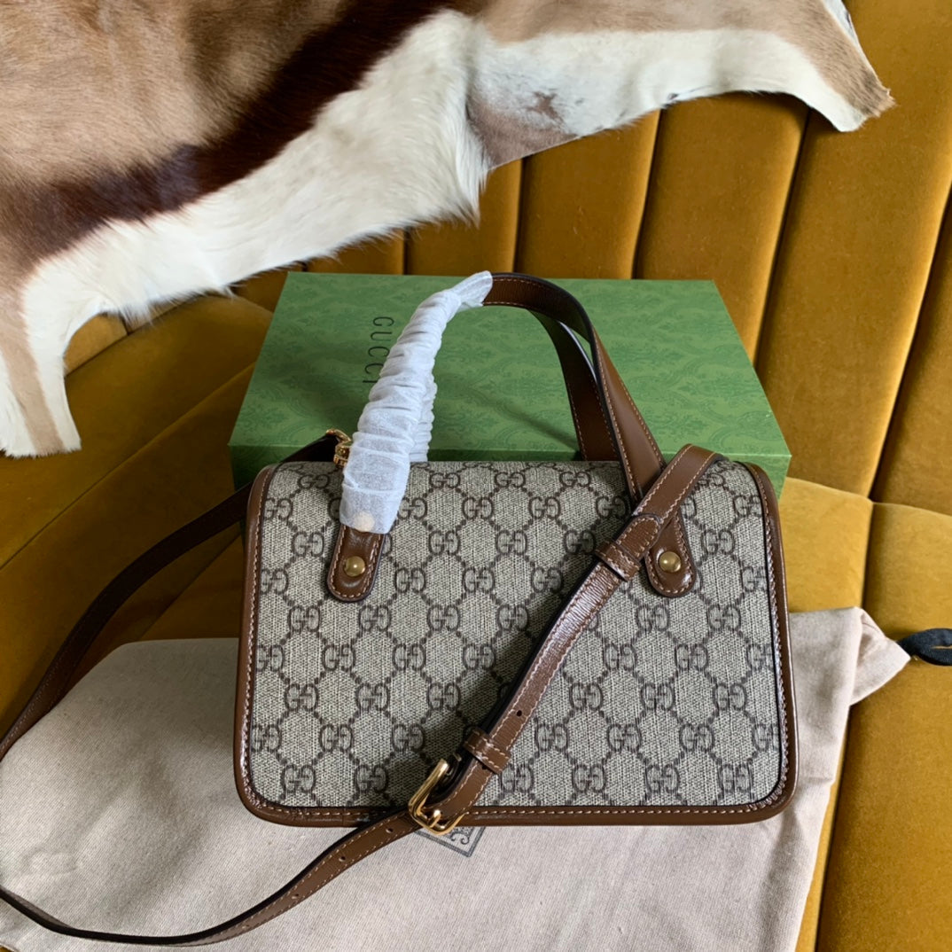 SAC GG HORSEBIT 1955 MINI 23 EN TOILE BEIGE ET CUIR DE VEAU MARRON