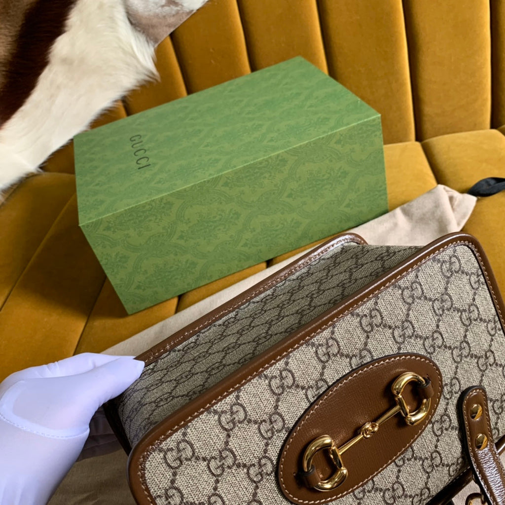 SAC GG HORSEBIT 1955 MINI 23 EN TOILE BEIGE ET CUIR DE VEAU MARRON