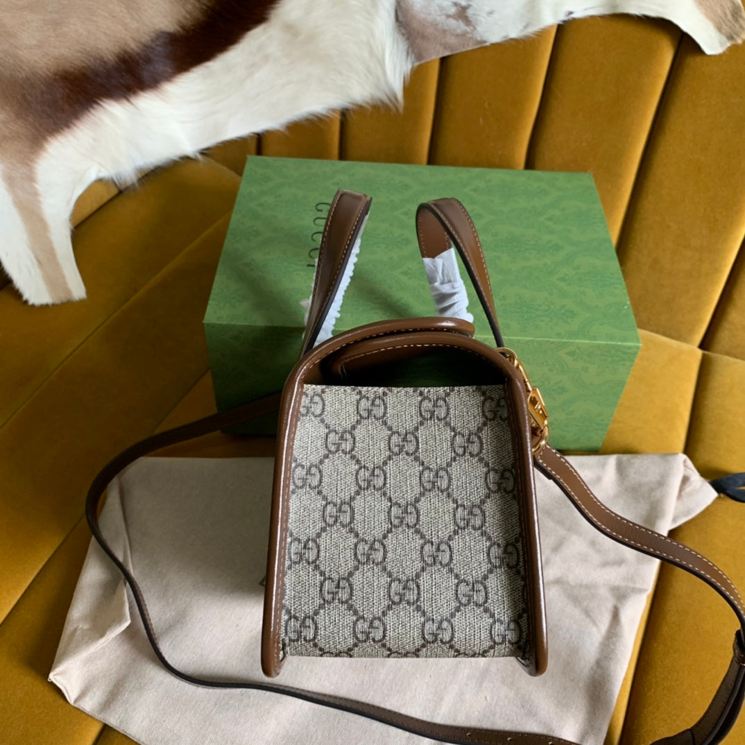 SAC GG HORSEBIT 1955 MINI 23 EN TOILE BEIGE ET CUIR DE VEAU MARRON