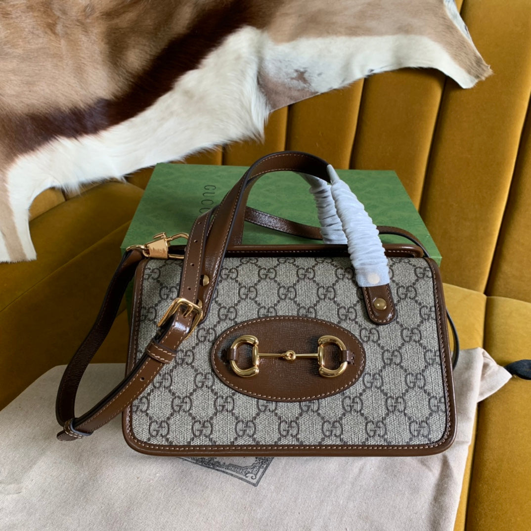 SAC GG HORSEBIT 1955 MINI 23 EN TOILE BEIGE ET CUIR DE VEAU MARRON