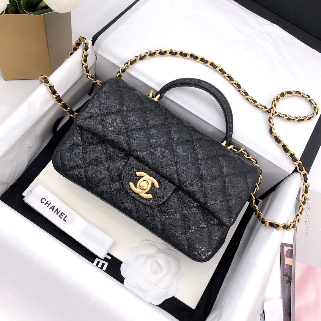 MINI SAC À RABAT AVEC POIGNÉE SUPÉRIEURE 20 CM NOIR CAVIAR QUINCAILLERIE OR