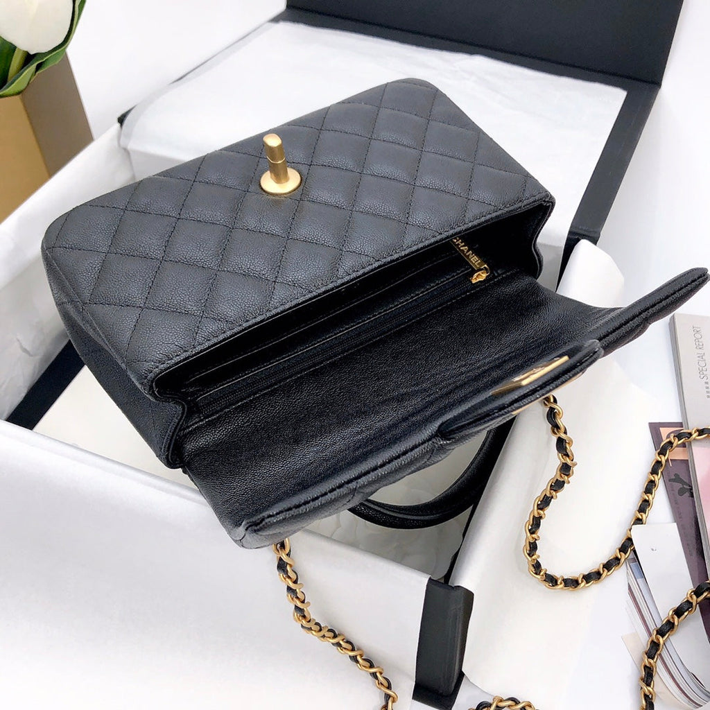 MINI FLAP BAG TOP HANDLE 20CM BLACK CAVIAR GOLD HARDWARE