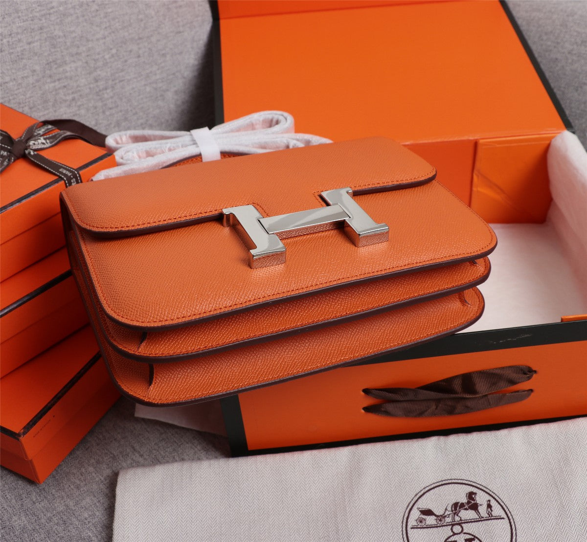 SACS HM CONSTANCE 22 ORANGE EPSOM QUINCAILLERIE ARGENTÉE