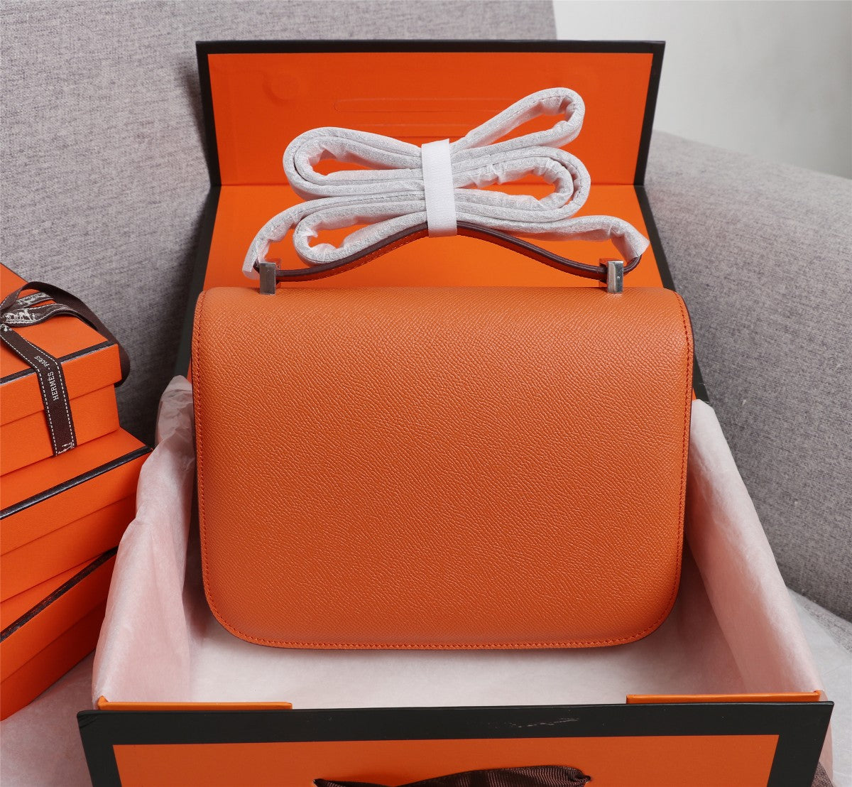 SACS HM CONSTANCE 19 ORANGE EPSOM QUINCAILLERIE ARGENTÉE