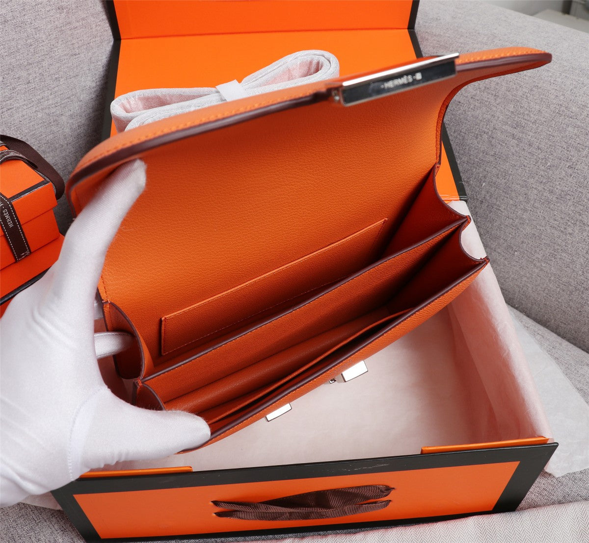 SACS HM CONSTANCE 19 ORANGE EPSOM QUINCAILLERIE ARGENTÉE