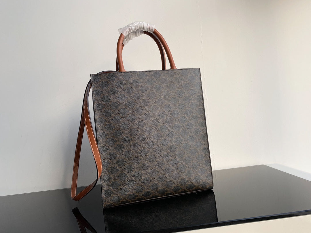 PETIT CABAS VERTICAL 28CM TOILE TRIOMPHE NOIRE CUIR DE VEAU TAN