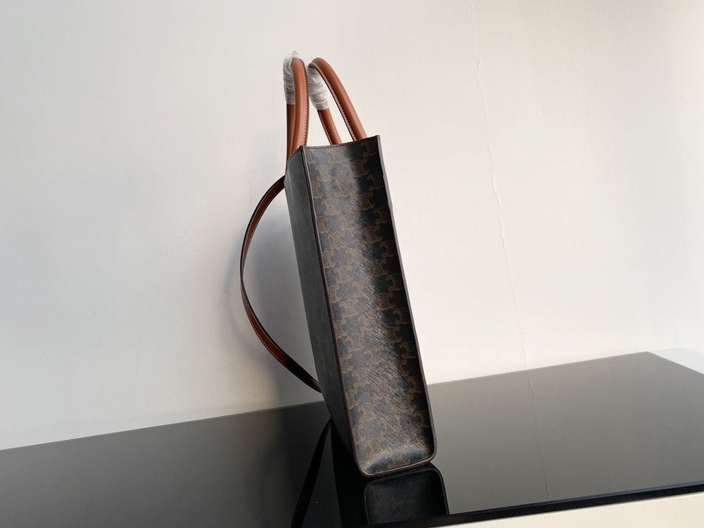 PETIT CABAS VERTICAL 28CM TOILE TRIOMPHE NOIRE CUIR DE VEAU TAN
