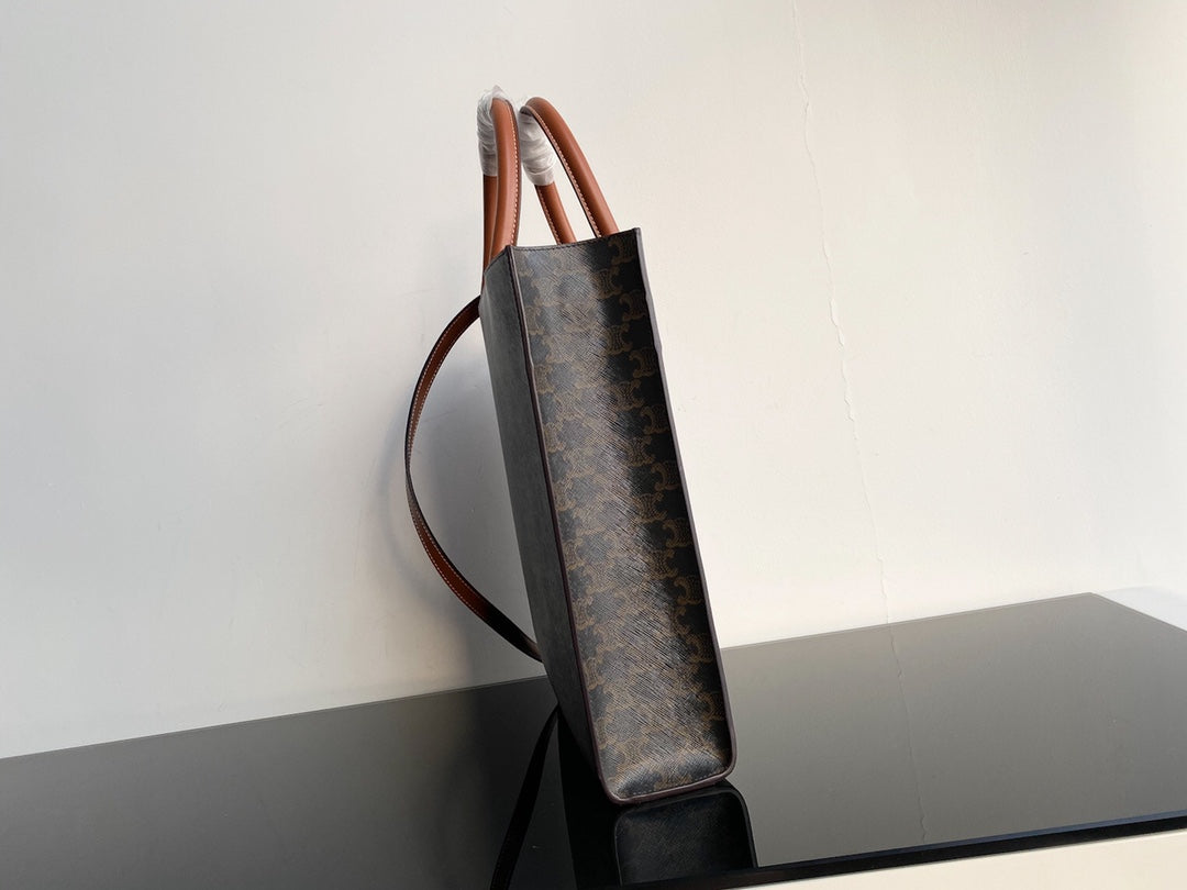 PETIT CABAS VERTICAL 28CM TOILE TRIOMPHE NOIRE CUIR DE VEAU TAN