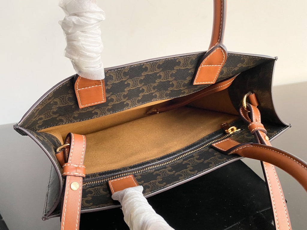 PETIT CABAS VERTICAL 28CM TOILE TRIOMPHE NOIRE CUIR DE VEAU TAN