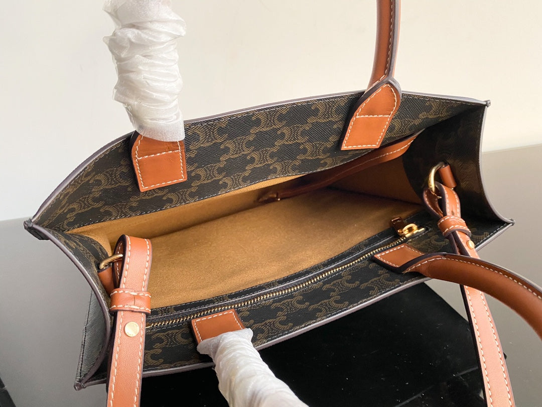 PETIT CABAS VERTICAL 28CM TOILE TRIOMPHE NOIRE CUIR DE VEAU TAN