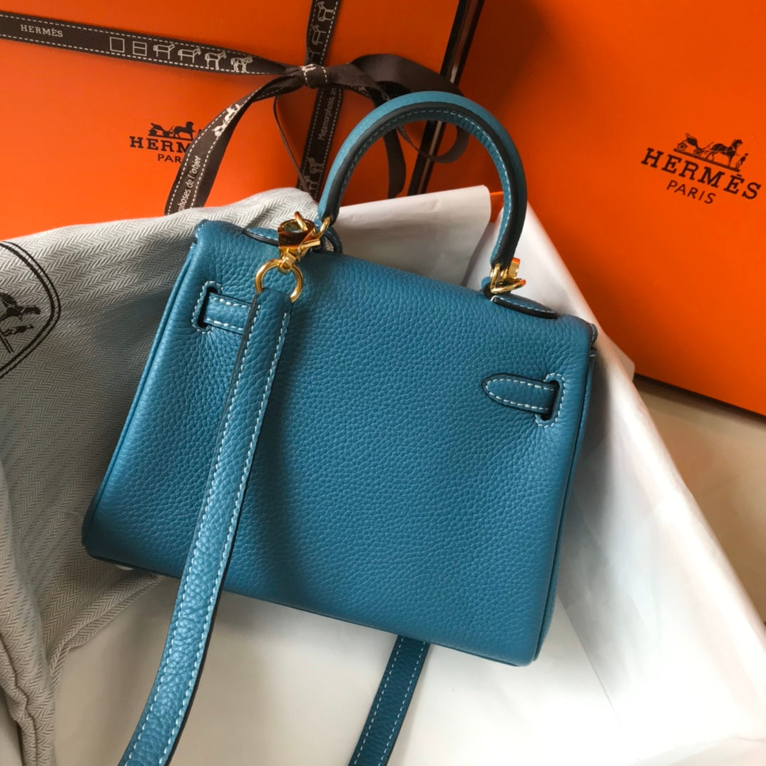 HM MINI KELLY 20CM BLEU JEAN CUIR TOGO QUINCAILLERIE DORÉ