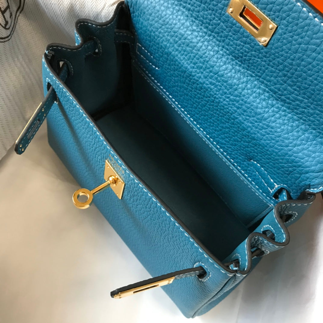 HM MINI KELLY 20CM BLEU JEAN CUIR TOGO QUINCAILLERIE DORÉ