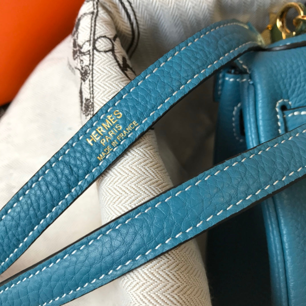 HM MINI KELLY 20CM BLEU JEAN CUIR TOGO QUINCAILLERIE DORÉ