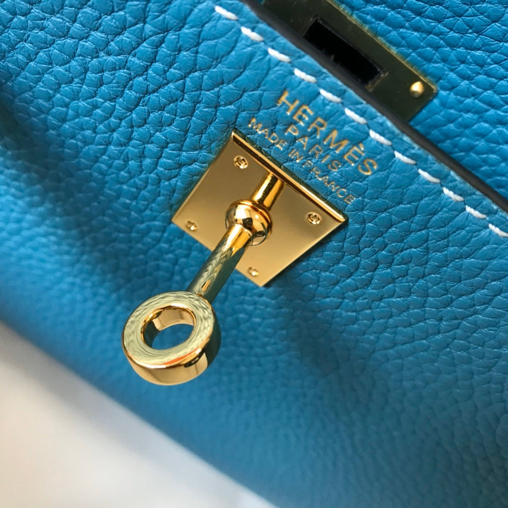 HM MINI KELLY 20CM BLEU JEAN CUIR TOGO QUINCAILLERIE DORÉ