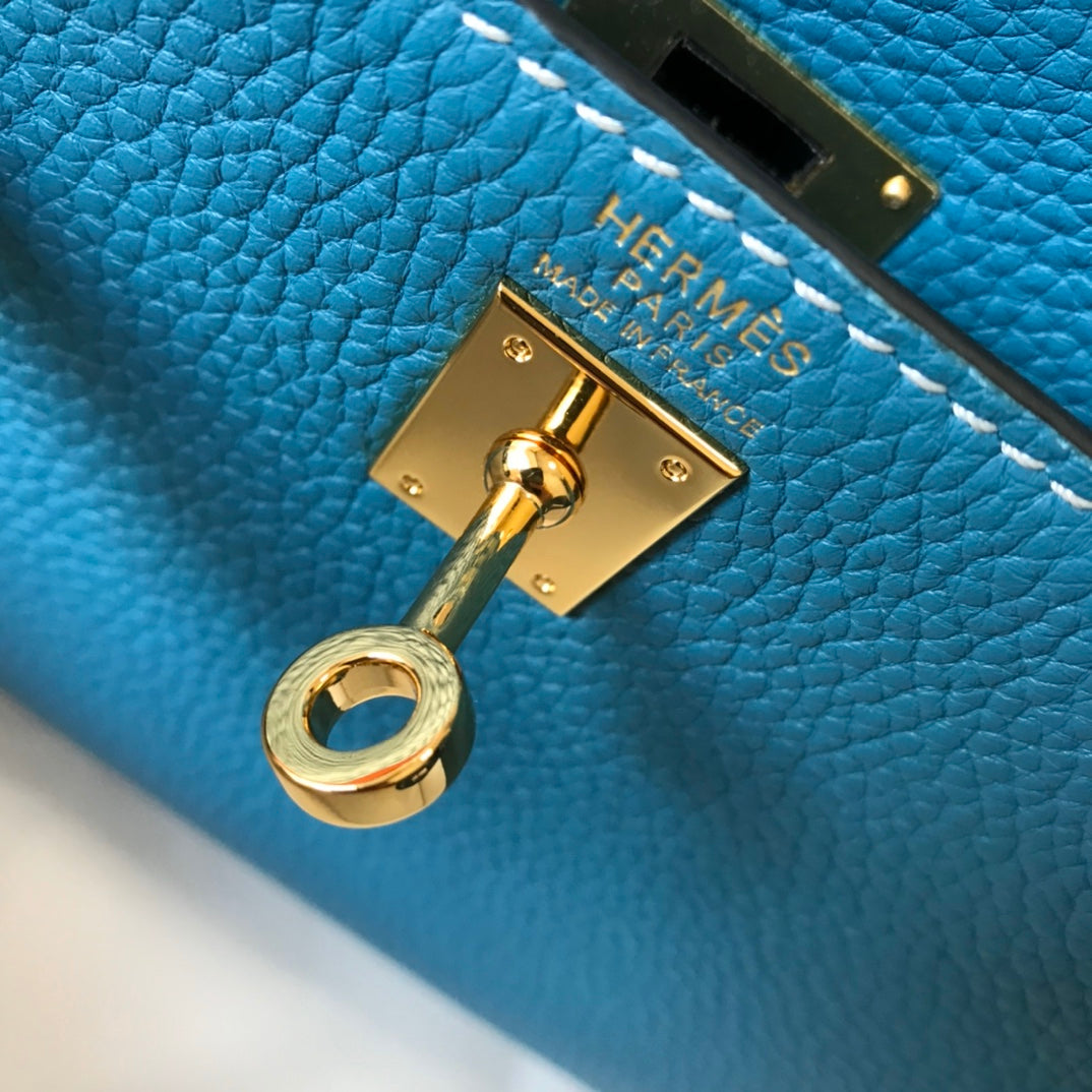 HM MINI KELLY 20CM BLEU JEAN CUIR TOGO QUINCAILLERIE DORÉ