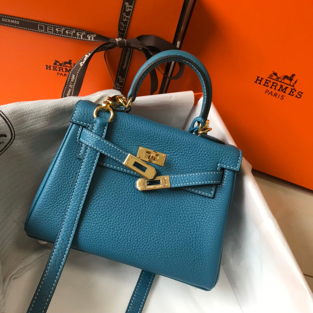HM MINI KELLY 20CM BLEU JEAN CUIR TOGO QUINCAILLERIE DORÉ