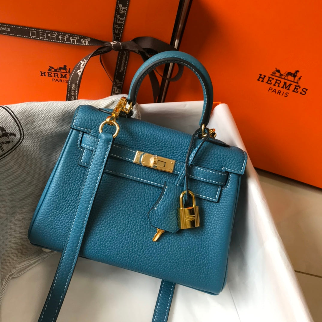 HM MINI KELLY 20CM BLEU JEAN CUIR TOGO QUINCAILLERIE DORÉ